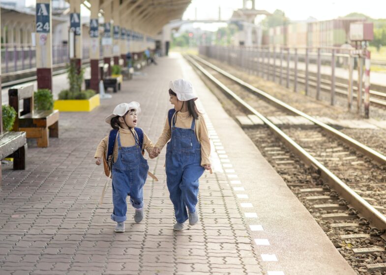 Two girls on a railway station, waiting for the train